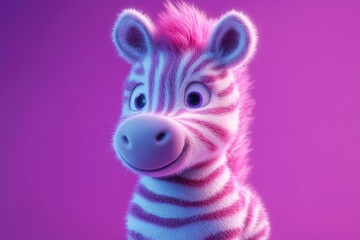 Naklejka premium fuzzy pink-and-white striped zebra with large expressive eyes smiling against a glowing purple backdrop, playful and joyful
