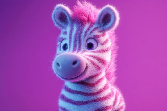 fuzzy pink-and-white striped zebra with large expressive eyes smiling against a glowing purple backdrop, playful and joyful