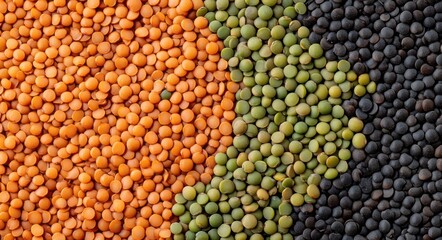 Fototapeta premium Close-up of colorful orange, green, and black lentils arranged in curved bands, vibrant earthy texture evoking warmth and natural abundance