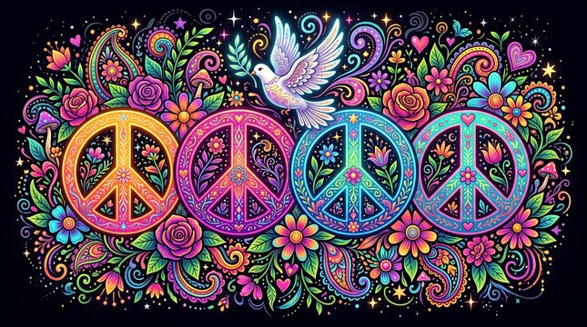 Vibrant peace signs in floral pattern. Colorful hippie art with dove. Psychedelic symbol design.