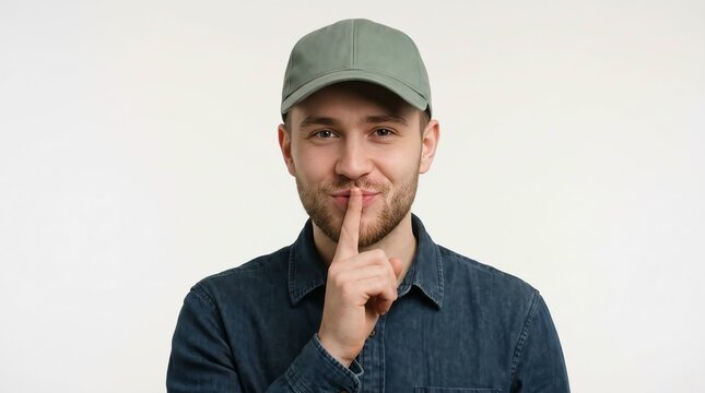 Man in blue denim shirt and cap gesturing with finger to lips for secrecy or silence