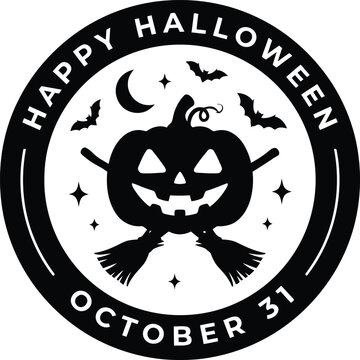 Happy halloween october 31 circular emblem with jack o lantern bats and broomstick icon set.