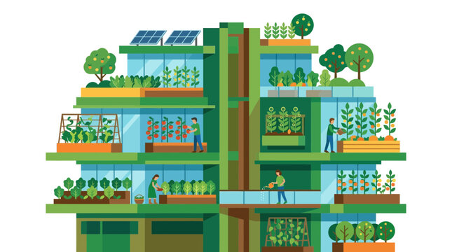 Modern Green Building with Vertical Urban Farming and Sustainable Rooftop Garden