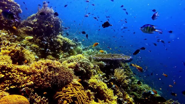 Vibrant tropical coral reef forming a natural diagonal composition with expansive blue underwater copy space. Ideal as a clean underwater nature background for travel and marine conservation.