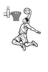 Basketball player dunking ball vector illustration, male athlete jumping to hoop line art, black and white sports action graphic © Naveed Graphics