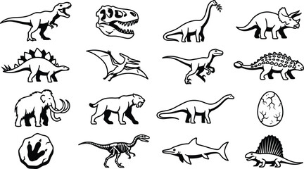 Prehistoric dinosaurs and ice age animals line art vector icon set featuring tyrannosaurus mammoth skull and egg. © MAHIYA AKTER