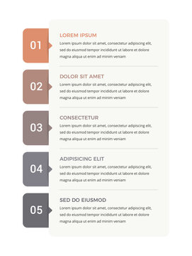 Vertical workflow infographic template with five numbered steps with side tabs and text placeholder for a structured presentation layout
