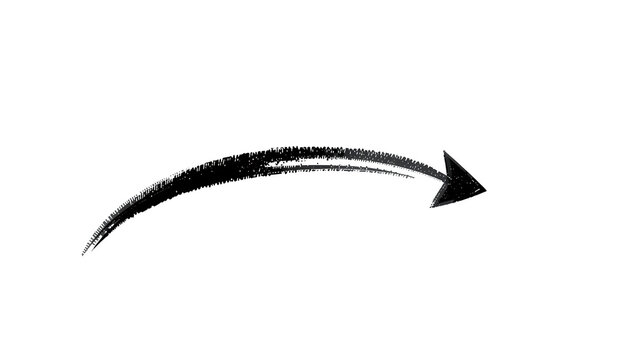 Hand drawn white chalk curved arrow pointing right isolated on black background, for directional isolated on a transparent background