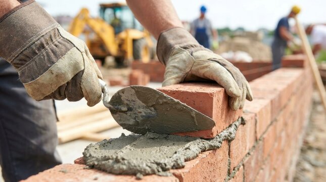 Close-up of bricklayer hands in gloves laying red bricks with trowel and mortar on construction site, building exterior wall of a house with excavator in background