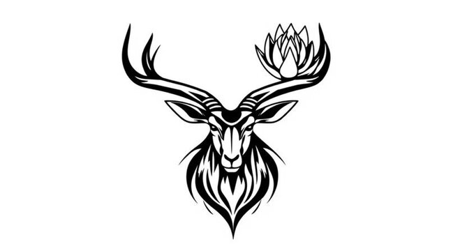 Black and White Deer Head Silhouette Vector Illustration with Antlers Wildlife Stag Tattoo Design Isolated on White Background