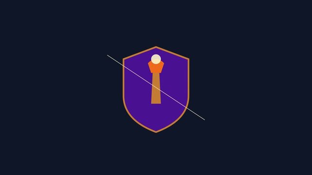 Minimalist purple shield with glowing spear animation on dark 4k background, motion