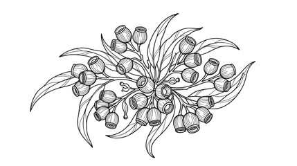 Vintage eucalyptus branch illustration, botanical line art with gum nuts and leaves, hand drawn floral vector for wedding invitations and organic branding © Dream Time Studio