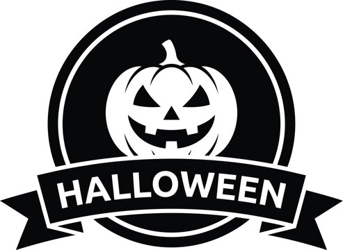 Halloween badge featuring carved pumpkin silhouette with ribbon banner for holiday events.