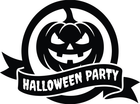 Halloween party emblem with scary jack o lantern pumpkin and banner for festive branding.