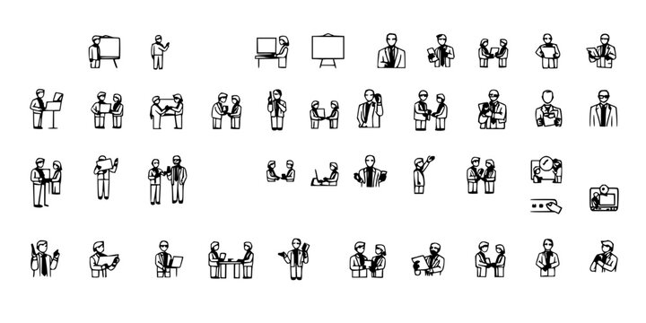 Collection of 24 simple, monochromatic line icons arranged in a 6x4 grid, each depicting various professional and social activities such as teamwork, presentations, and collaboration. The icons are...
