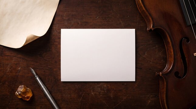 Blank white card mockup with acoustic violin and vintage pen on dark wooden desk