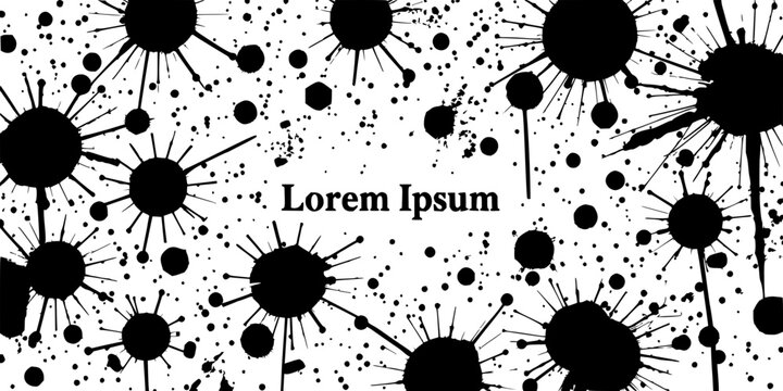 Chaotic, abstract composition featuring a variety of black ink splatters, dots, lines, and shapes scattered across a white background, with a prominent "Lorem Ipsum" text in the center. The image h...