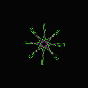 Symmetric Green and Magenta Spirograph Star, Mathematical Visualization of Algorithmic Geometry on Black Background