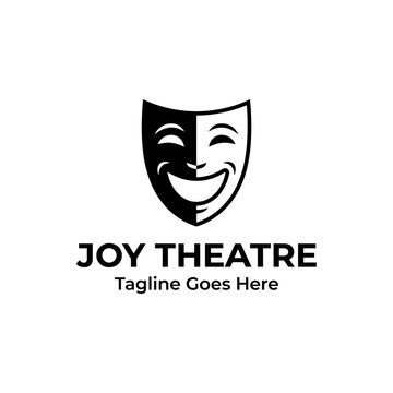 Smiling comedy theatre mask logo design.