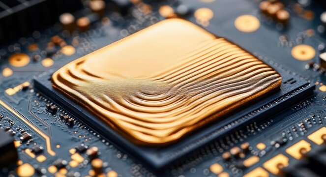 Close-up of a microchip with a wavy golden metallic top on a printed circuit board, surrounded by electronic components, conveying sleek futuristic precision