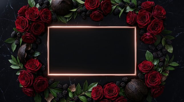Elegant rose gold frame mockup with dark red roses on black marble background