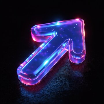 glowing neon glass arrow pointing up-right on dark reflective surface with sparkling interior, translucent blue and pink lights, futuristic energetic and optimistic mood