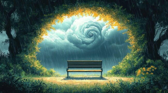 empty park bench beneath a glowing arch of yellow flowers opening onto a swirling storm-cloud vortex with rain in a moody, contemplative forest clearing