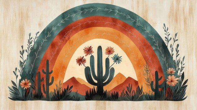 Whimsical warm desert scene with layered teal and terracotta rainbow arches, central flowering saguaro cactus, surrounding cacti, wildflowers and distant mountains, serene rustic mood