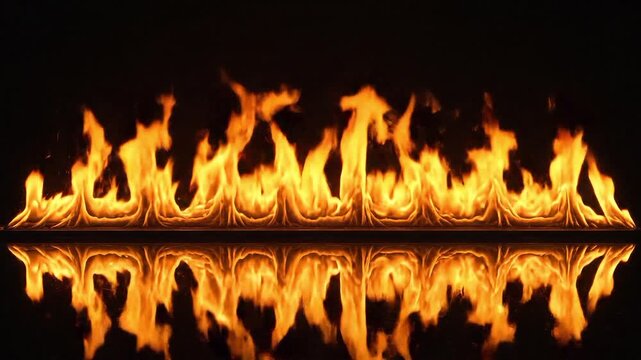 Fiery blaze wall of dancing flames with reflection on dark surface fire burning heat inferno