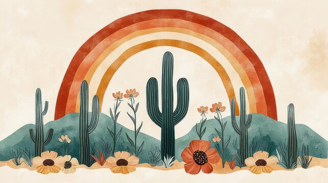 Serene desert illustration with tall saguaro cactus, blooming wildflowers, layered mountains and warm rainbow arches in earthy retro tones