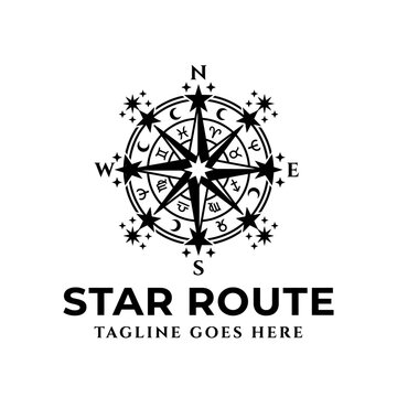 Detailed zodiac compass rose with star symbols.