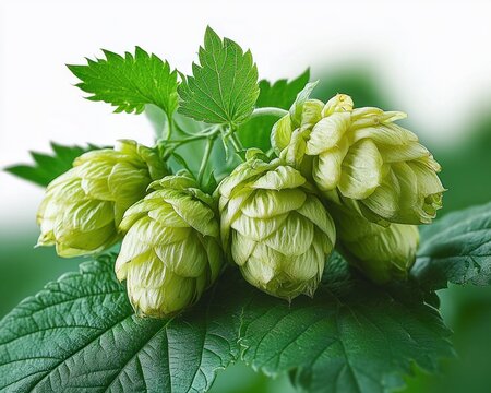 fresh green hop cones clustered on textured leaves, vibrant dewy botanical close-up