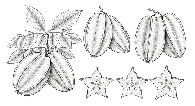 Detailed botanical illustration of star fruit (carambola) with whole fruits, leaves, and star-shaped slices in vintage engraving style.