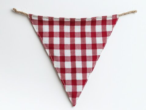 red and white checkered triangular fabric pennant on twine against white background, cheerful rustic party decoration