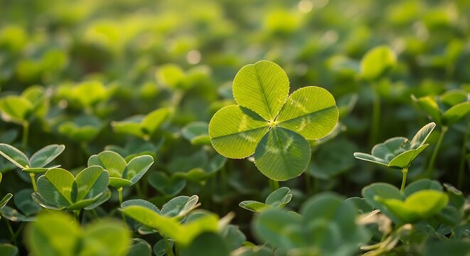 Rare four leaf clover grows in a field. Lucky green plant in nature. Symbol of fortune and success.