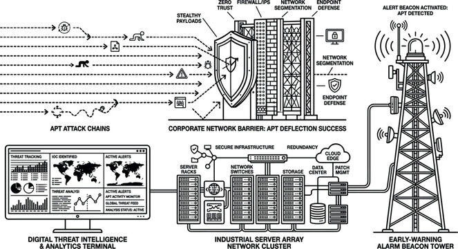 Advanced Persistent Threat APT Deflection Success Infrastructure Diagram with Digital Threat Intelligence Analytics Terminal Industrial Server Array and Early Warning Alarm Beacon Tower Infographic