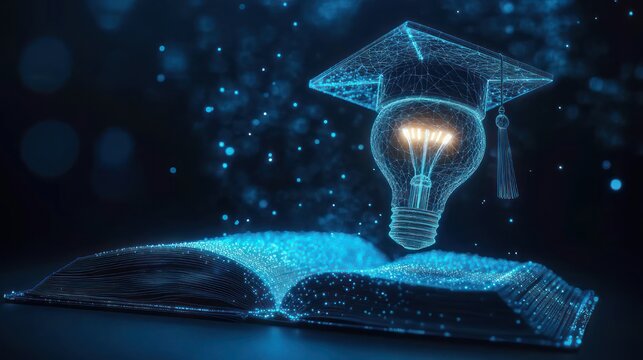 glowing open book with hovering wireframe light bulb wearing a graduation cap, blue digital particles and dark bokeh background inspiring discovery and creativity