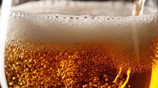 Close-up of beer pouring into glass, creating foam and bubbles, macro shot