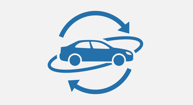 A blue icon showing a generic sedan car with rotating arrows around it