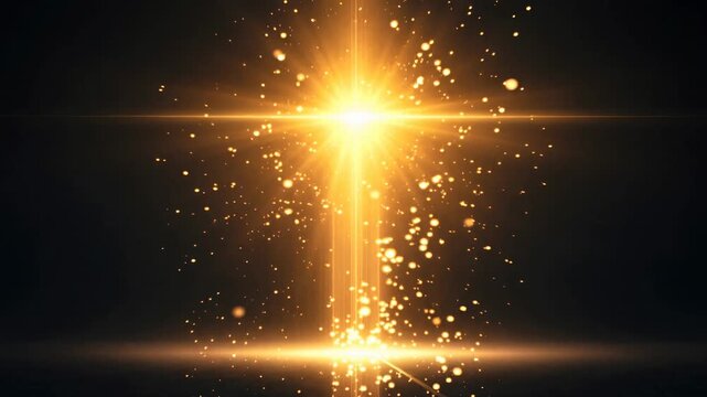 Abstract golden light beam, glow particle and sparkle on dark background with future growth optimism and glowing horizon, SEO friendly title