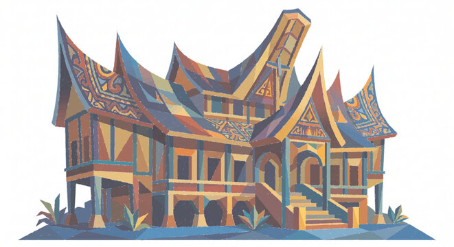 Gadang Traditional House West Sumatra, Low Poly Geometric Minangkabau Vector Illustration