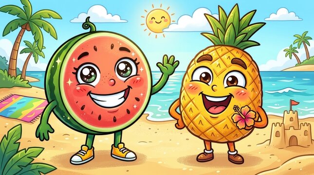 Happy cartoon watermelon and pineapple characters on a sunny tropical beach, celebrating summer vacation fun by the ocean.