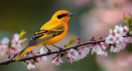 Fototapeta premium vibrant yellow bird with black eye mask perched on a flowering branch dotted with pink blossoms, serene spring scene
