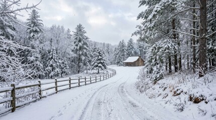 Snowy forest road leading to a rustic log cabin in winter landscape