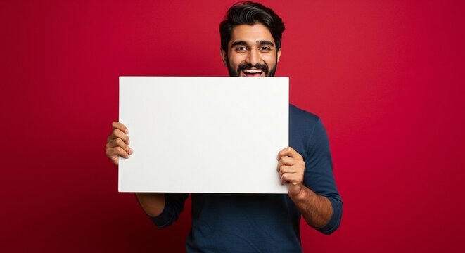 A happy man with a beard holds a white blank sign in front of his face against a red background, smiling broadly