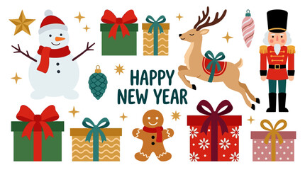 Fototapeta premium Christmas and New Year Vector Icon Set with Nutcracker, Snowman, and Gifts