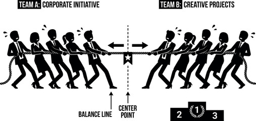Fototapeta premium Business Tug of War Competition Diagram with Corporate Initiative Team and Creative Projects Team Pulling Rope Across Center Line Infographic