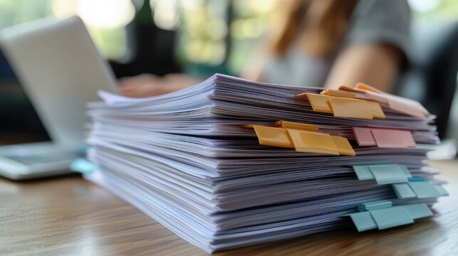 organized stack of paperwork with colorful sticky tabs on wooden desk, blurred person working on a laptop in soft natural light conveying focus and busy productivity