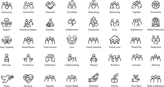 Black line icons and labels for community social concepts and relationships