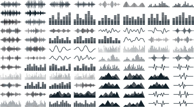 Audio sound wave silhouette icon set featuring digital music equalizers radio frequencies and waveforms